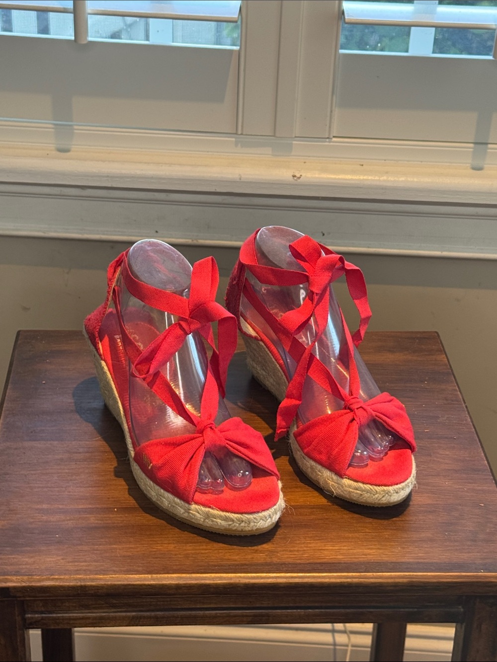 Red Knot-Front Espadrille Wedge Sandals with Ankle Wrap